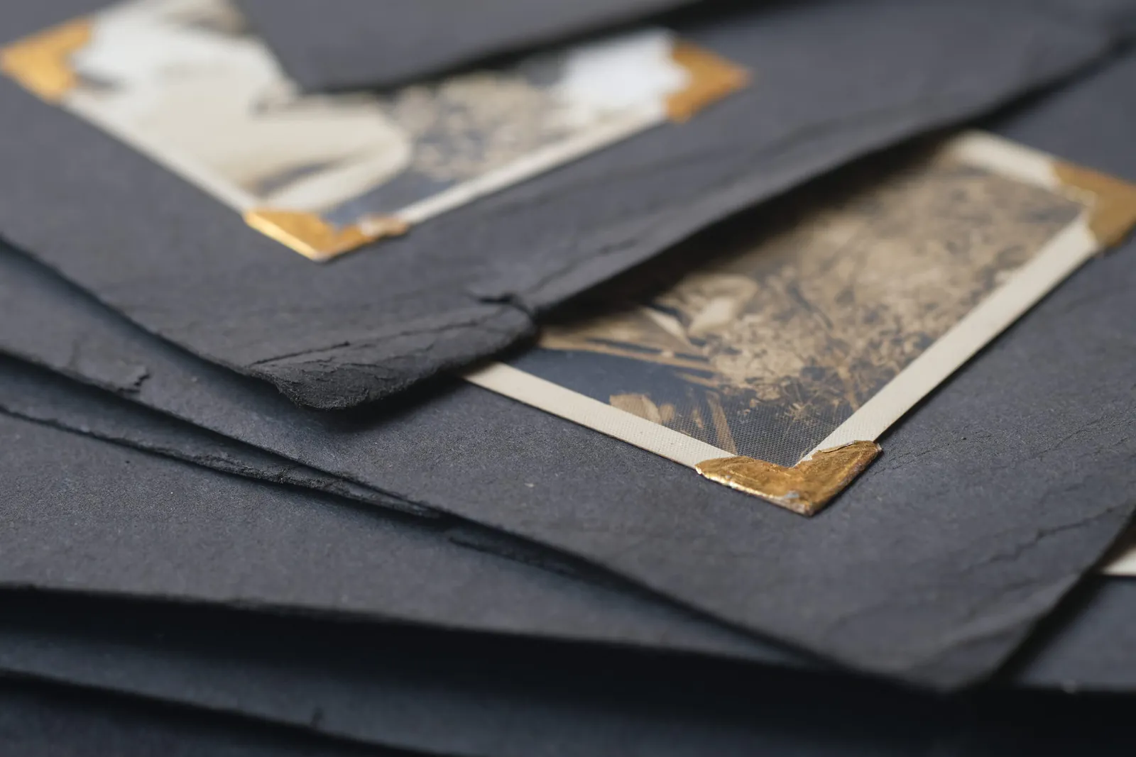 Close-up of vintage photographs mounted in a black archival album