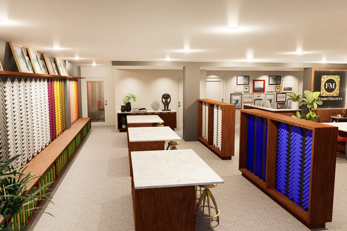 Rendering of the FrameMasters showroom with frame displays and consultation tables