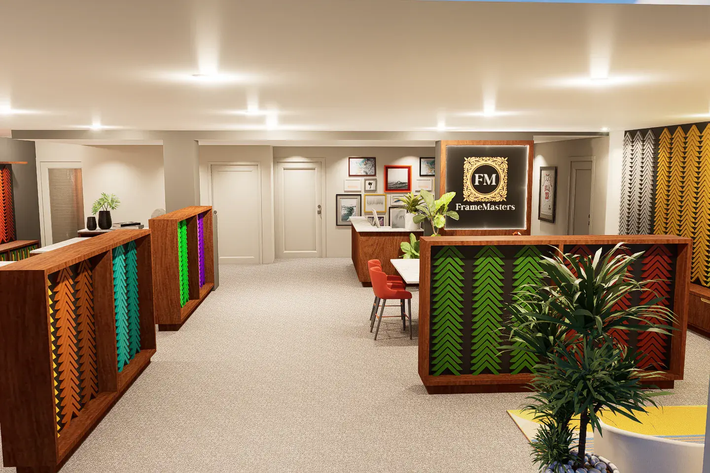 Rendering of the FrameMasters showroom reception and colorful frame displays