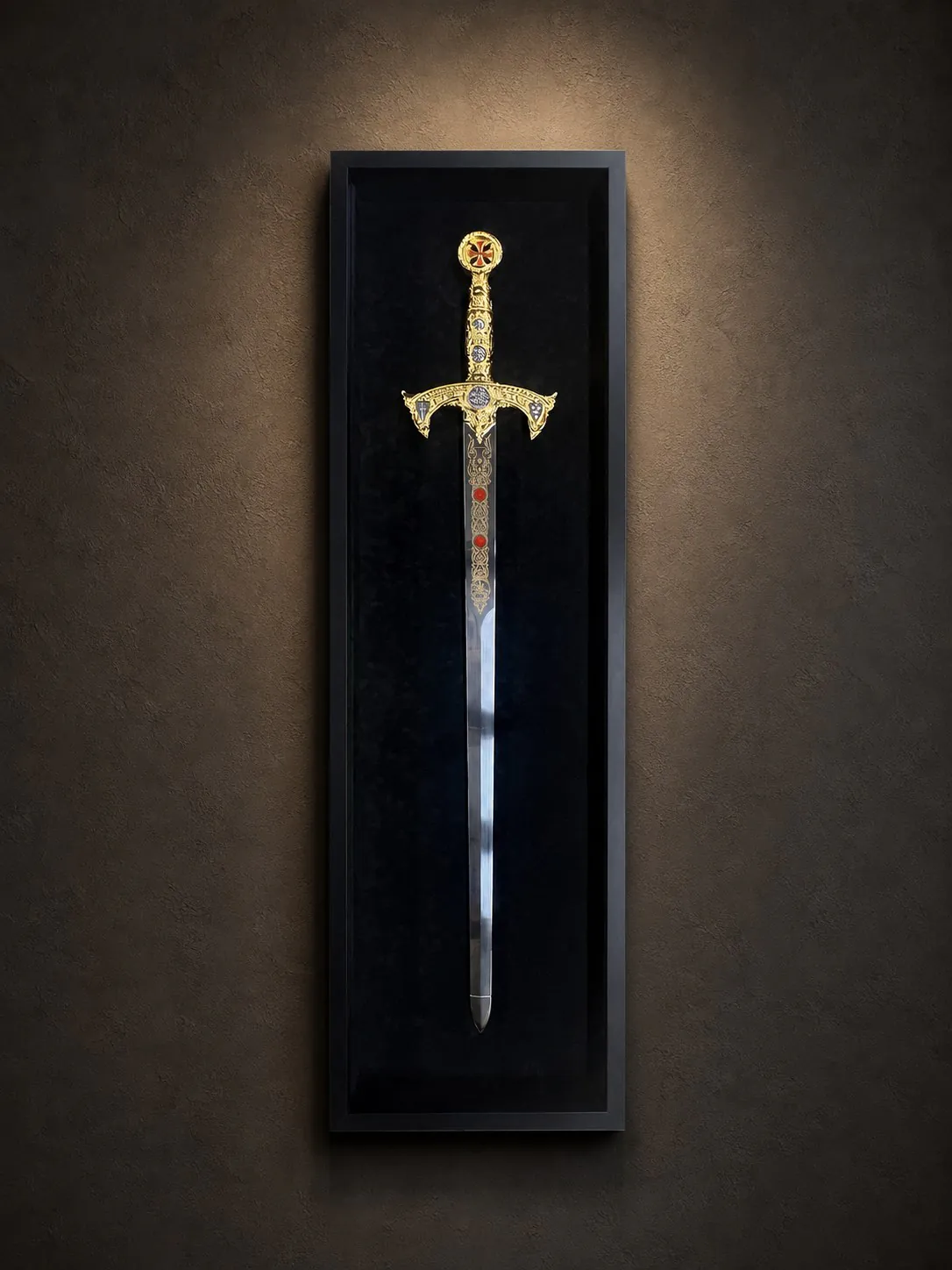 An ornate sword displayed vertically in a custom black case